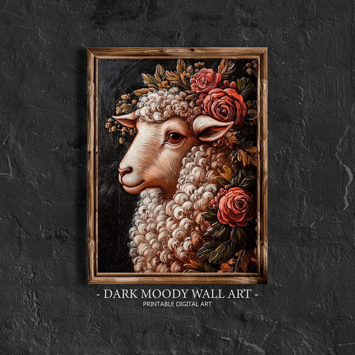 Floral Crown Lamb Portrait Red Roses Dark Moody Animal Art Poster