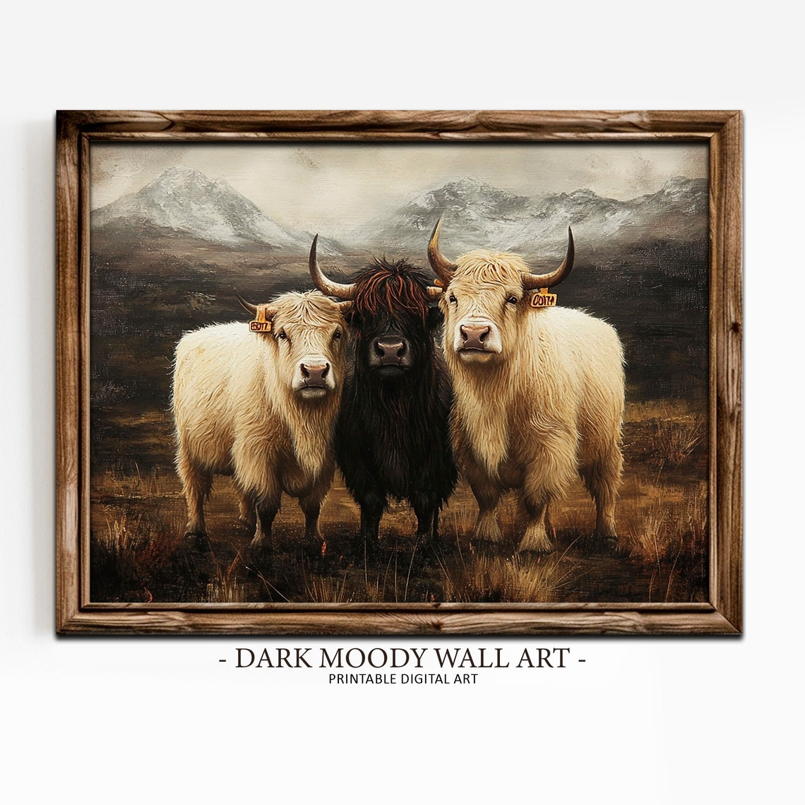 Highland Cows Mountain Moorland Rustic Cattle Painting Poster