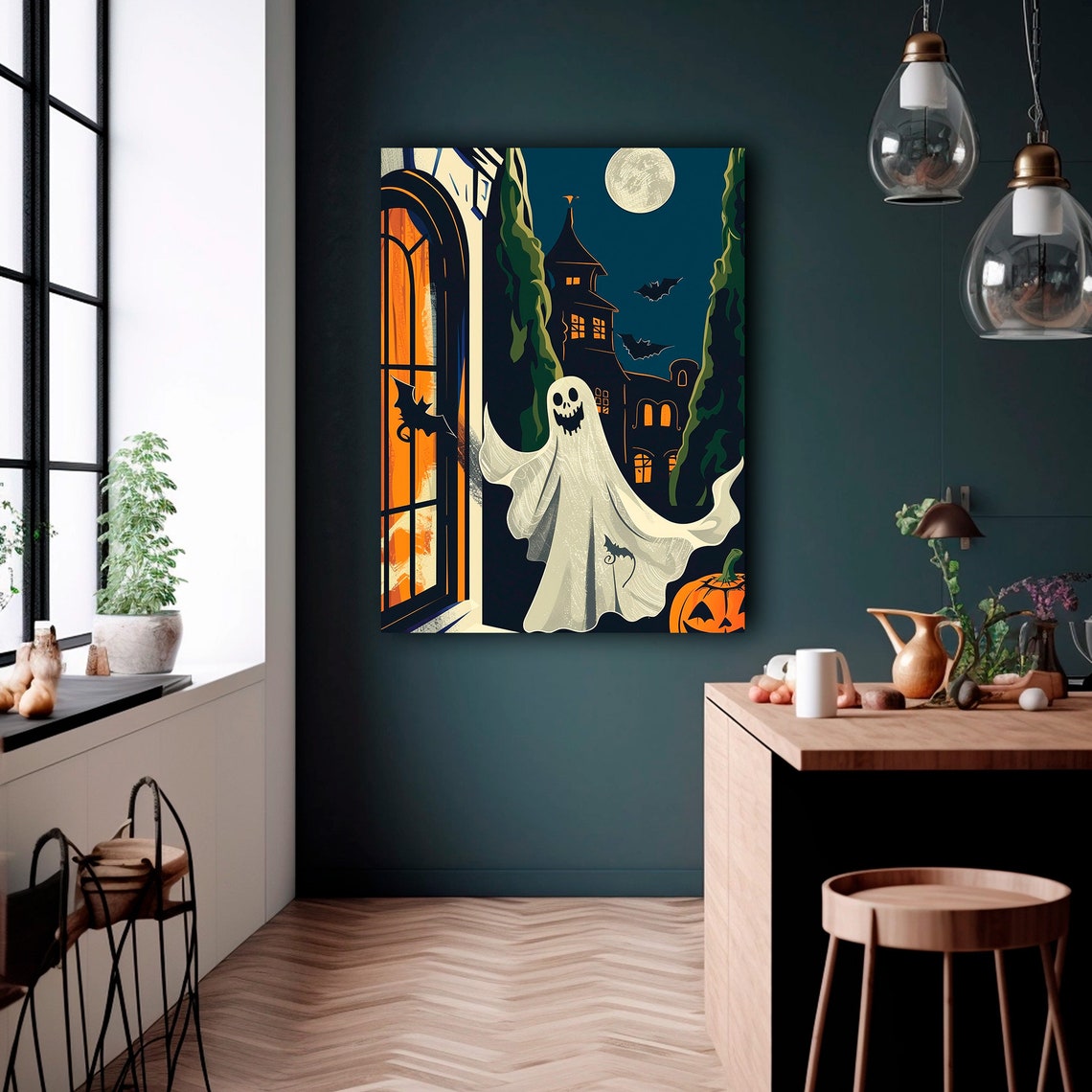 Happy Ghost Haunted House Full Moon Vintage Halloween Art Print - Image 2