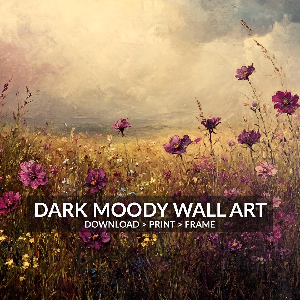 Pink Wildflower Meadow Under Moody Sky Rustic Cottagecore Botanical Poster - Image 6