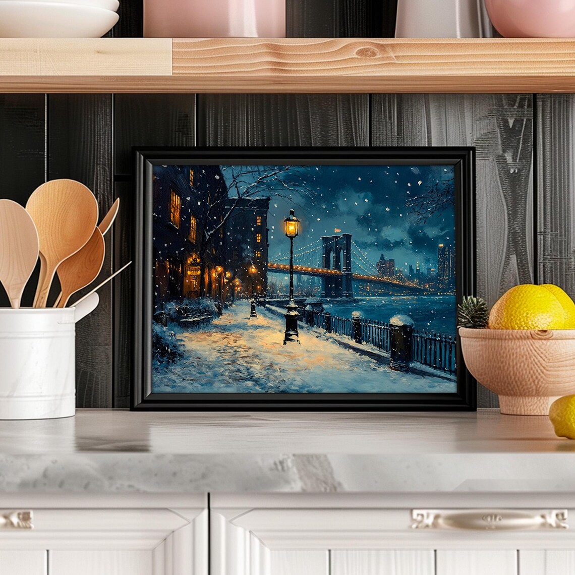 Brooklyn Bridge Night Snowy Riverside Promenade Lights Poster - Image 4