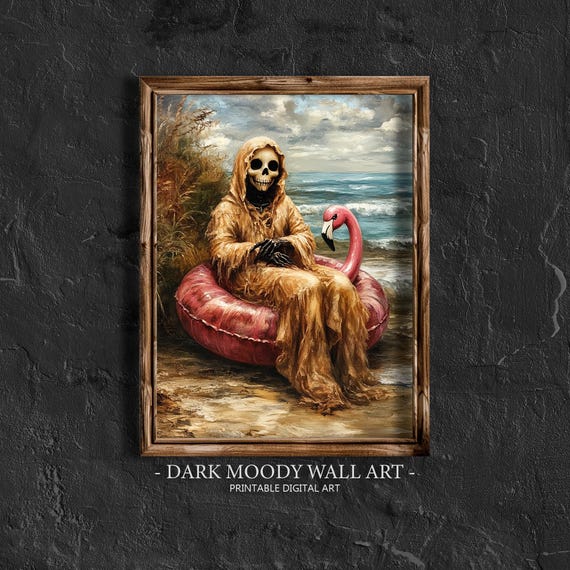 Skeleton On Flamingo Pool Float Halloween Wall Art Funny Bathroom Print Moody Ghosties Beach Wall Art Dark Skeleton Painting