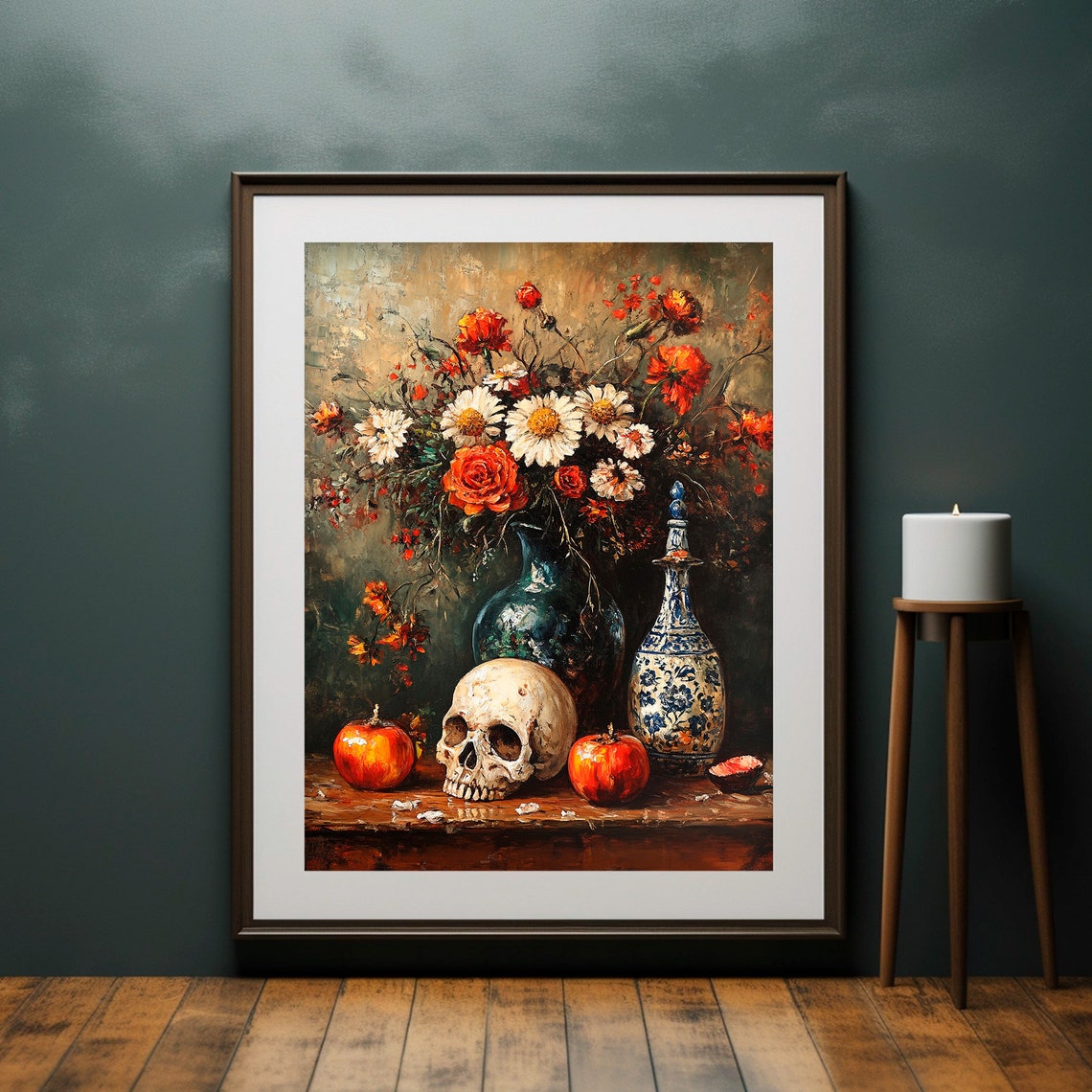 Gothic Skull Flower Still Life Vanitas Oil Painting Art Print - Image 5