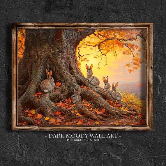 Fall Prints Bunny Rabbits Under Tree Rustic Autumn Landscape Painting Moody Fall Wall Art Autumn Thanksgiving Decor Hare Art