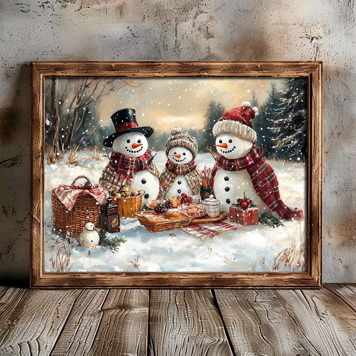 Snowman Family Winter Picnic Snowy Forest Christmas Scene Wall Art - Image 4