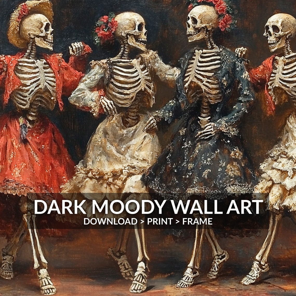 Dancing Skeleton Ladies Dia De Los Muertos Folk Painting Poster - Image 5