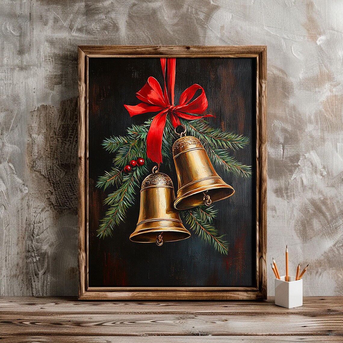 Gold Christmas Bells With Red Bow Pine Berries Dark Moody Wall Art - Image 5