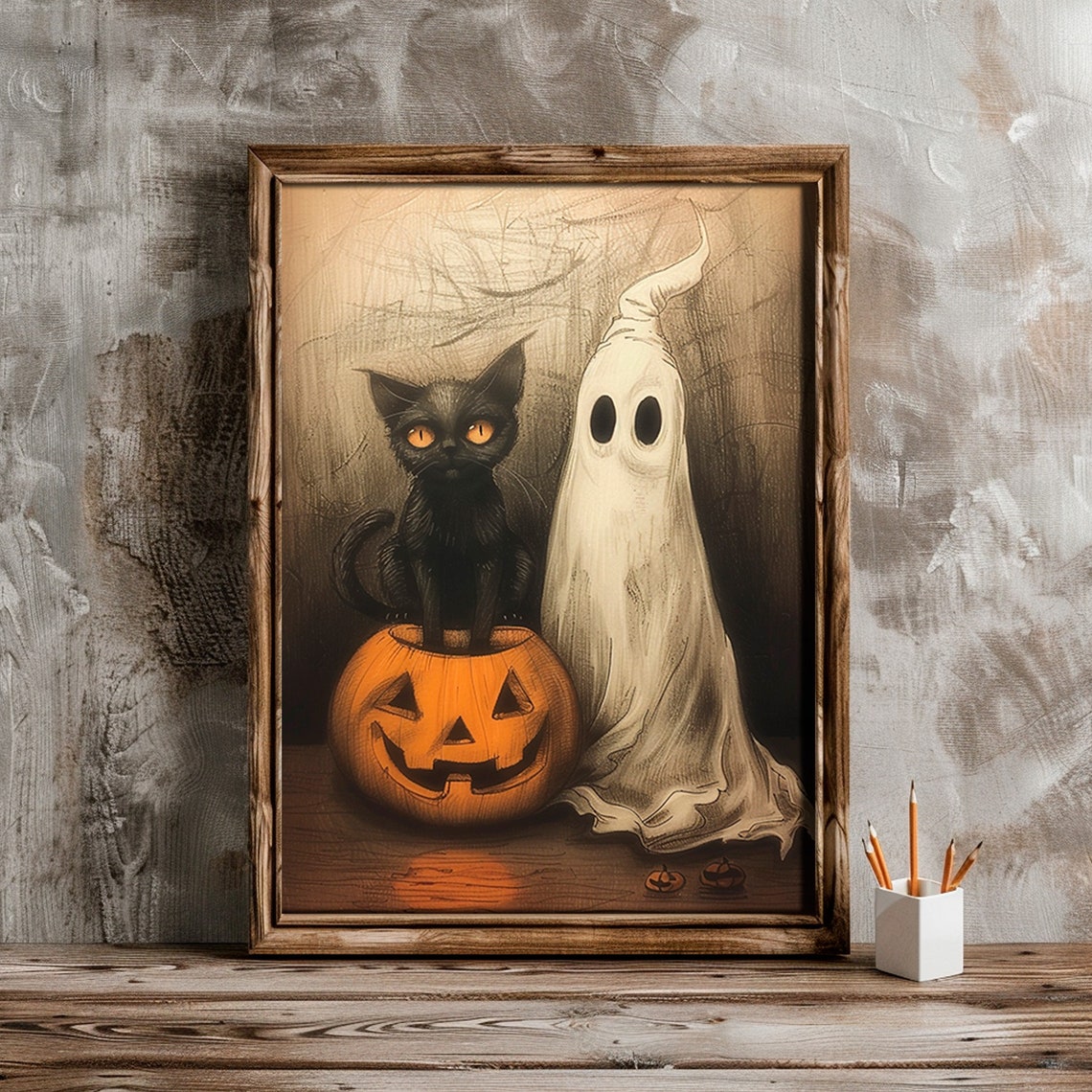 Black Cat Pumpkin Ghost Halloween Painting Jack O Lantern Cute Poster - Image 6