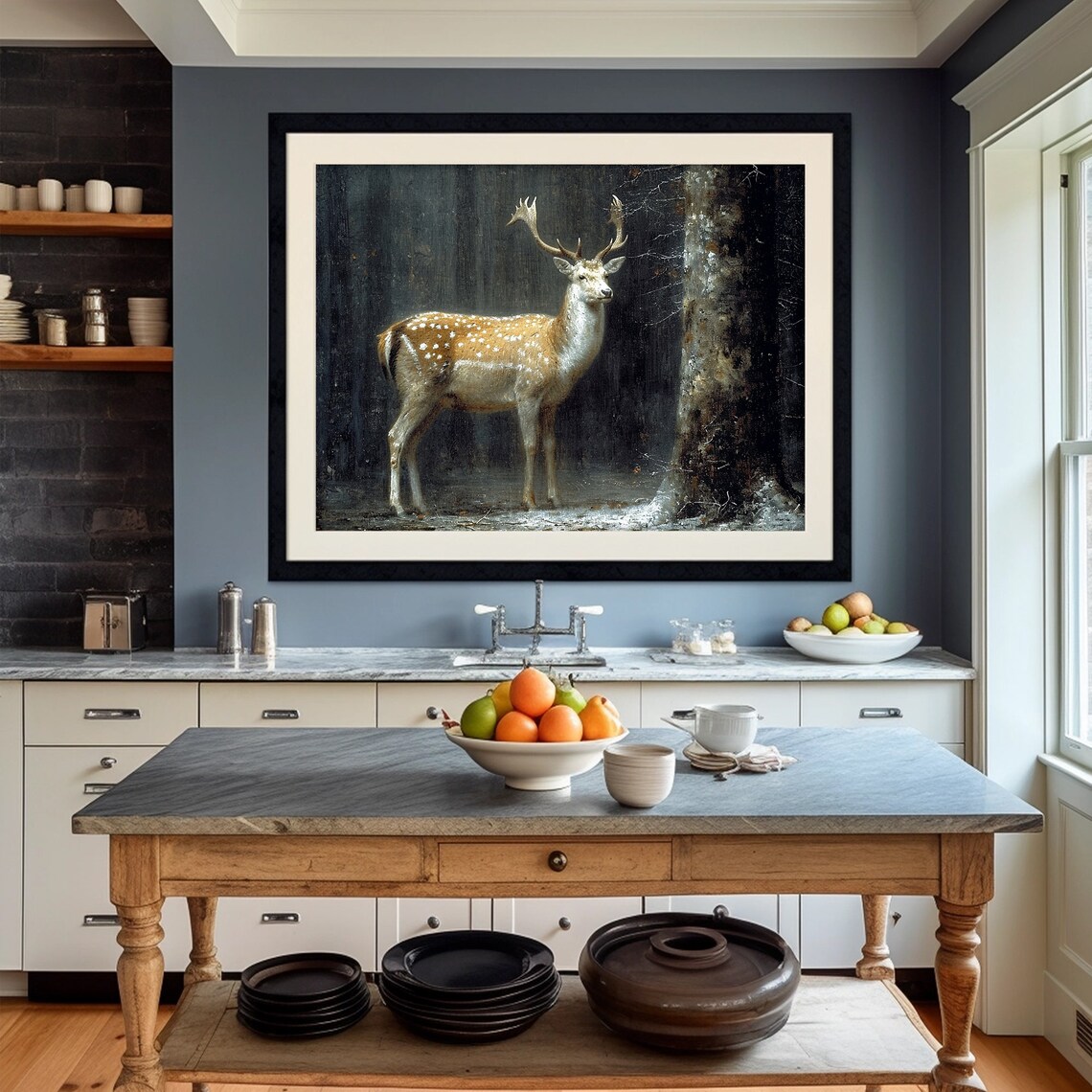 Fallow Deer Stag With Antlers in Dark Winter Forest Moody Wildlife Painting Poster - Image 2