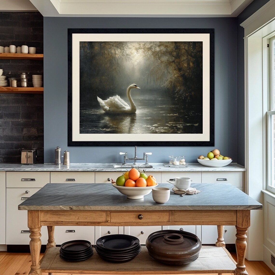 White Swan Art Print, Moody Rustic Landscape - Image 4