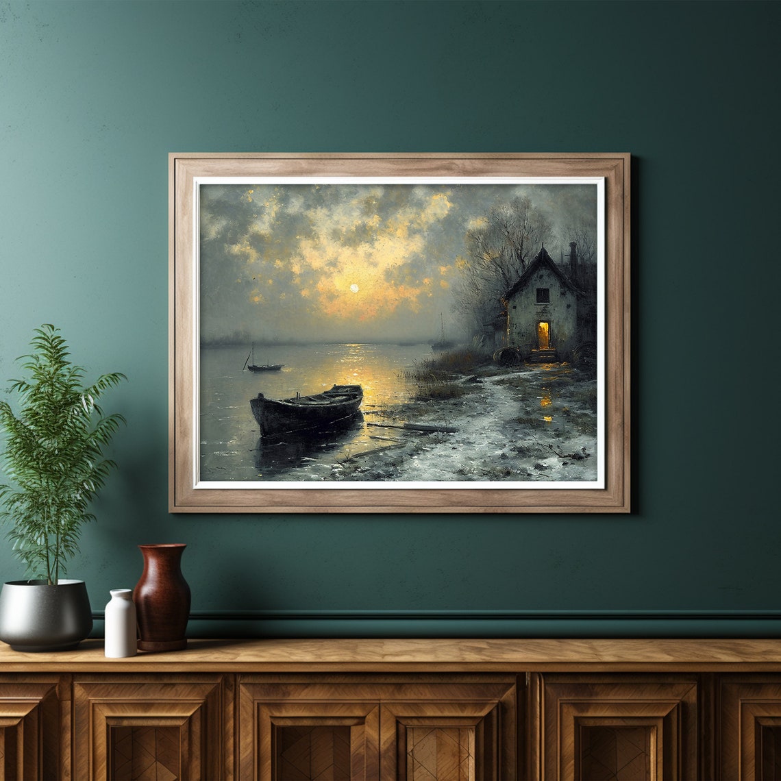 Moody Lakeside Cabin Rowboat Sunset Reflection Dark Rustic Poster - Image 6