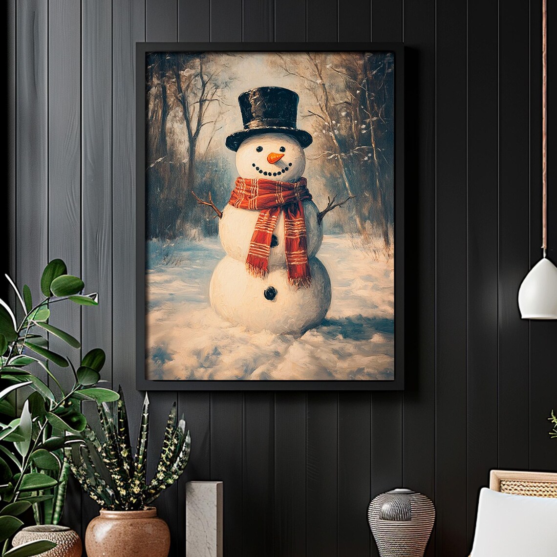 Snowman Top Hat Red Plaid Scarf Snowy Forest Christmas Poster - Image 6