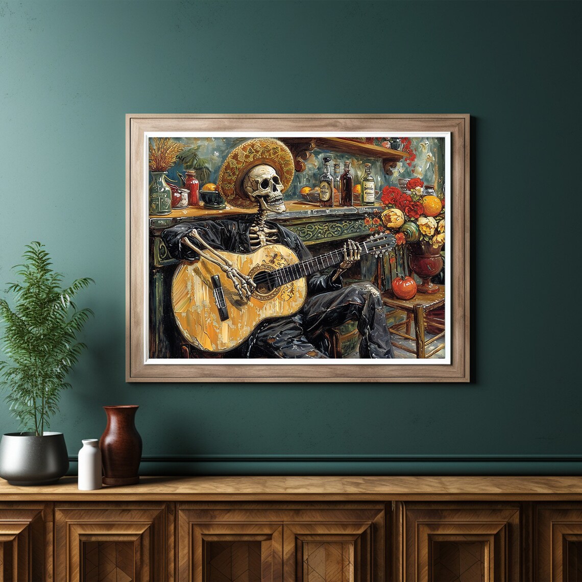 Mexican Skeleton Guitar Player Sombrero Cantina Folk Art Poster - Image 6