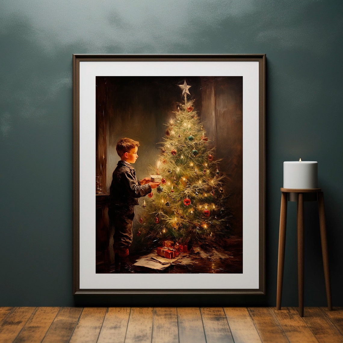 Victorian Boy Decorating Christmas Tree Starry Night Art Print - Image 2