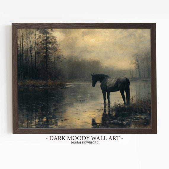 Black Horse Painting, Moody Cottagecore Art Print