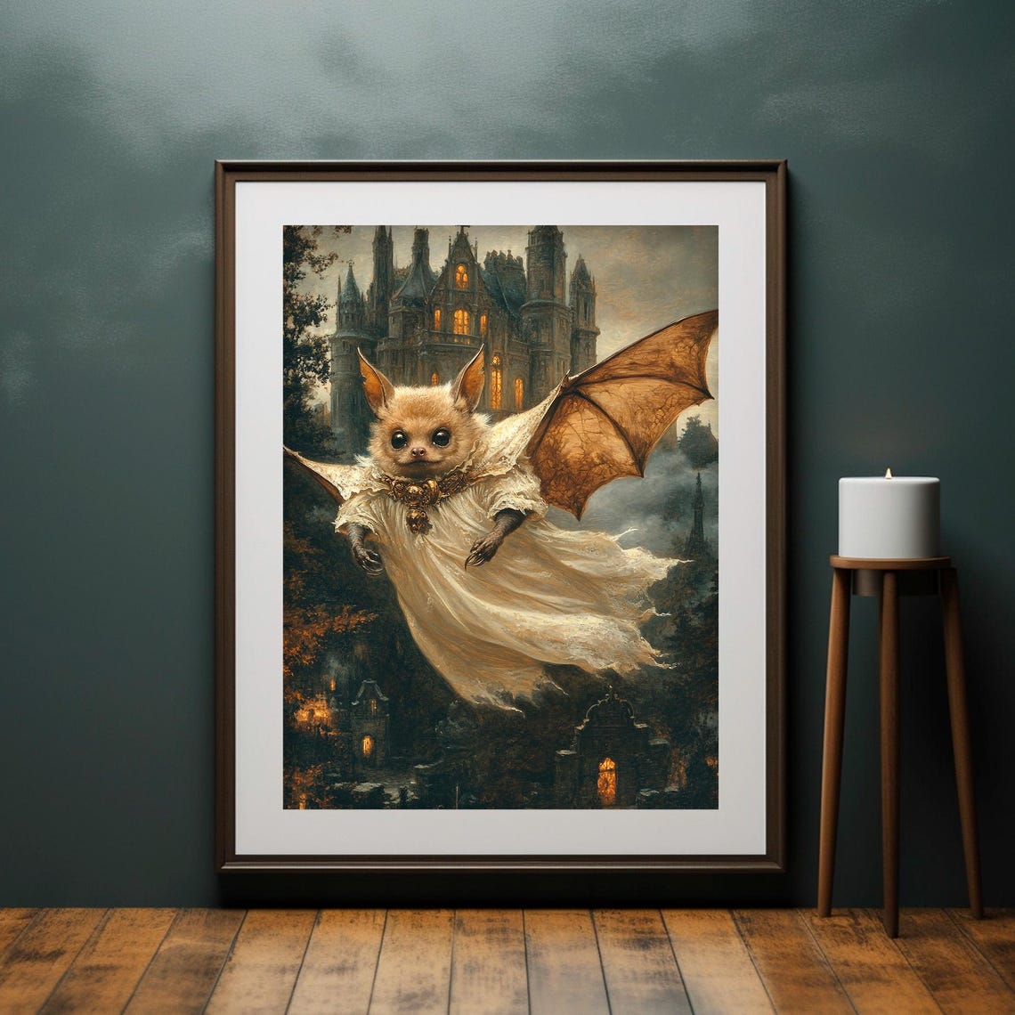 Elegant Bat in White Lace Cape Gothic Castle Whimsical Fantasy Poster - Image 2