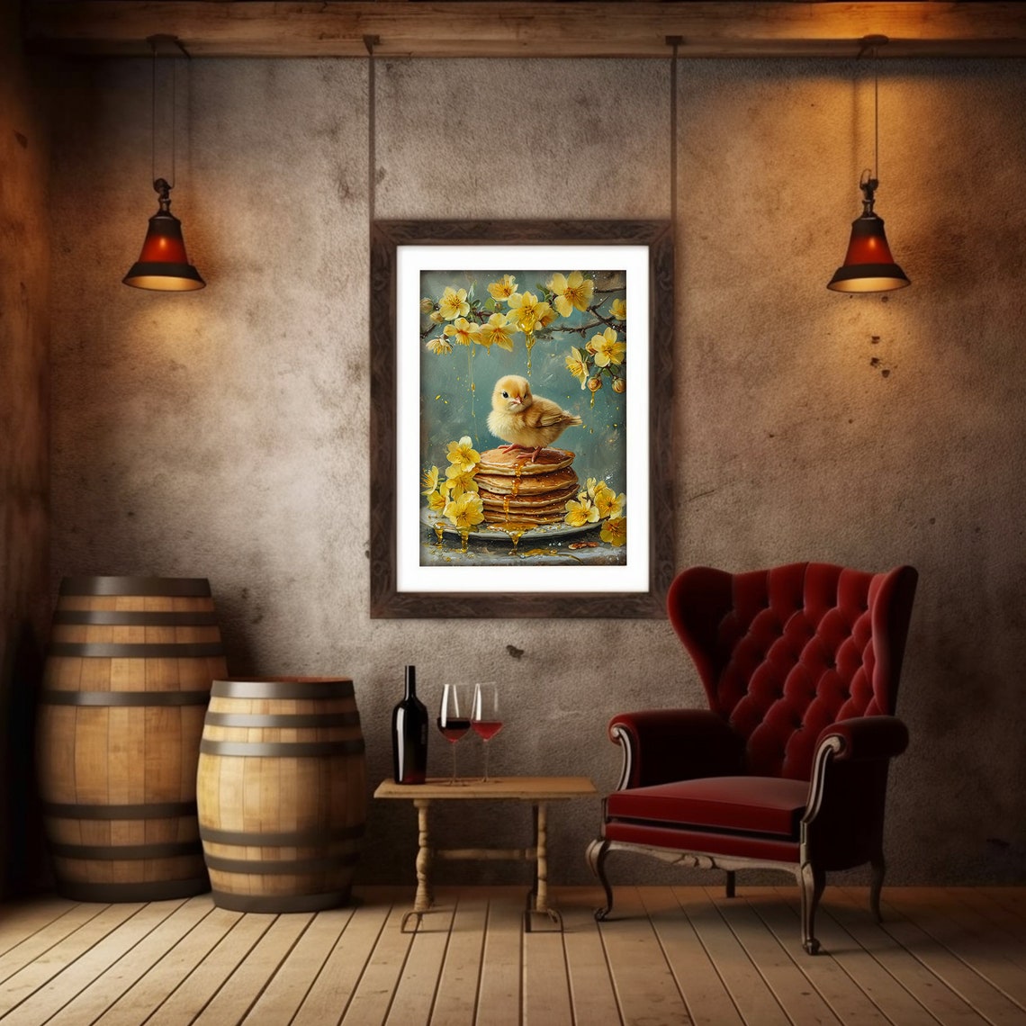 Cute Chick Standing on a Pancake Stack with Honey Spring Art Poster - Image 4