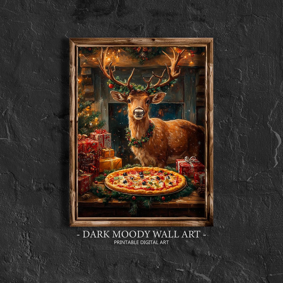 Festive Stag with Christmas Wreath and Pizza Whimsical Poster