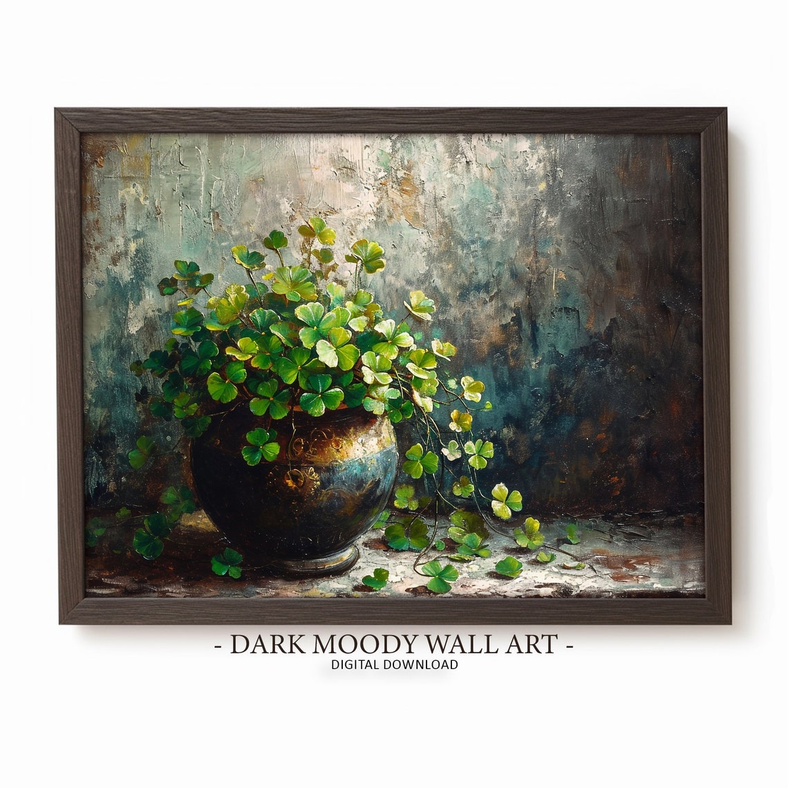 Potted Shamrocks Rustic Pot Dark Moody Irish Still Life Poster