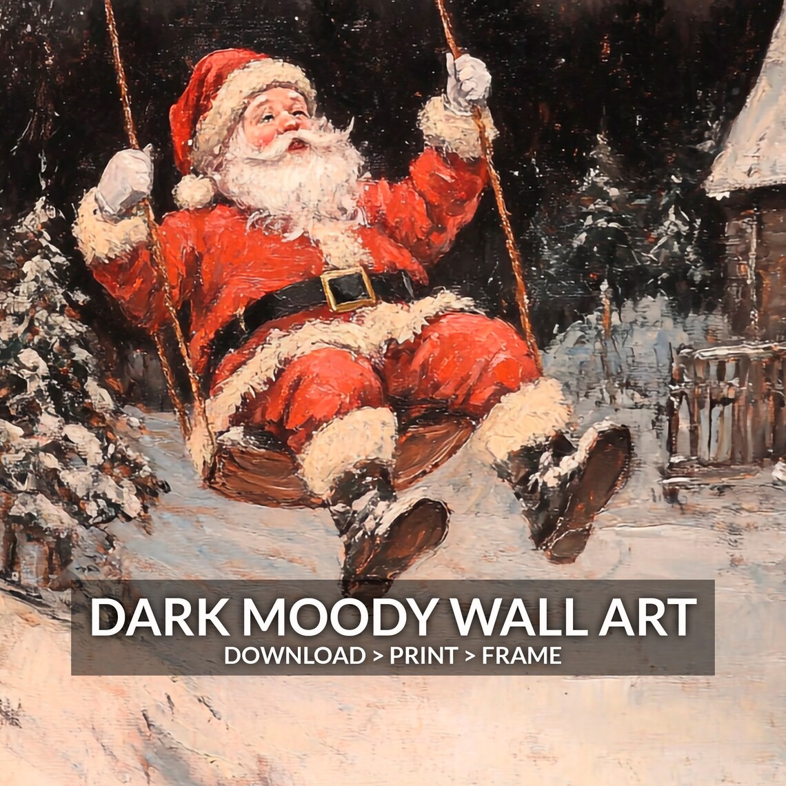 Santa Claus Swinging Winter Night Vintage Christmas Art Print - Image 6