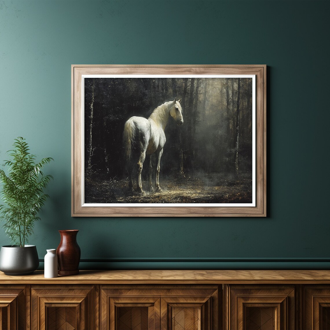 Antique White Horse Rustic Landscape Art Print - Image 6