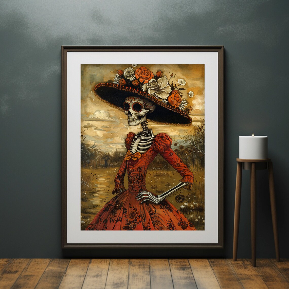 Dia De Los Muertos Catrina Skeleton Red Dress Mexican Folk Art Poster - Image 2