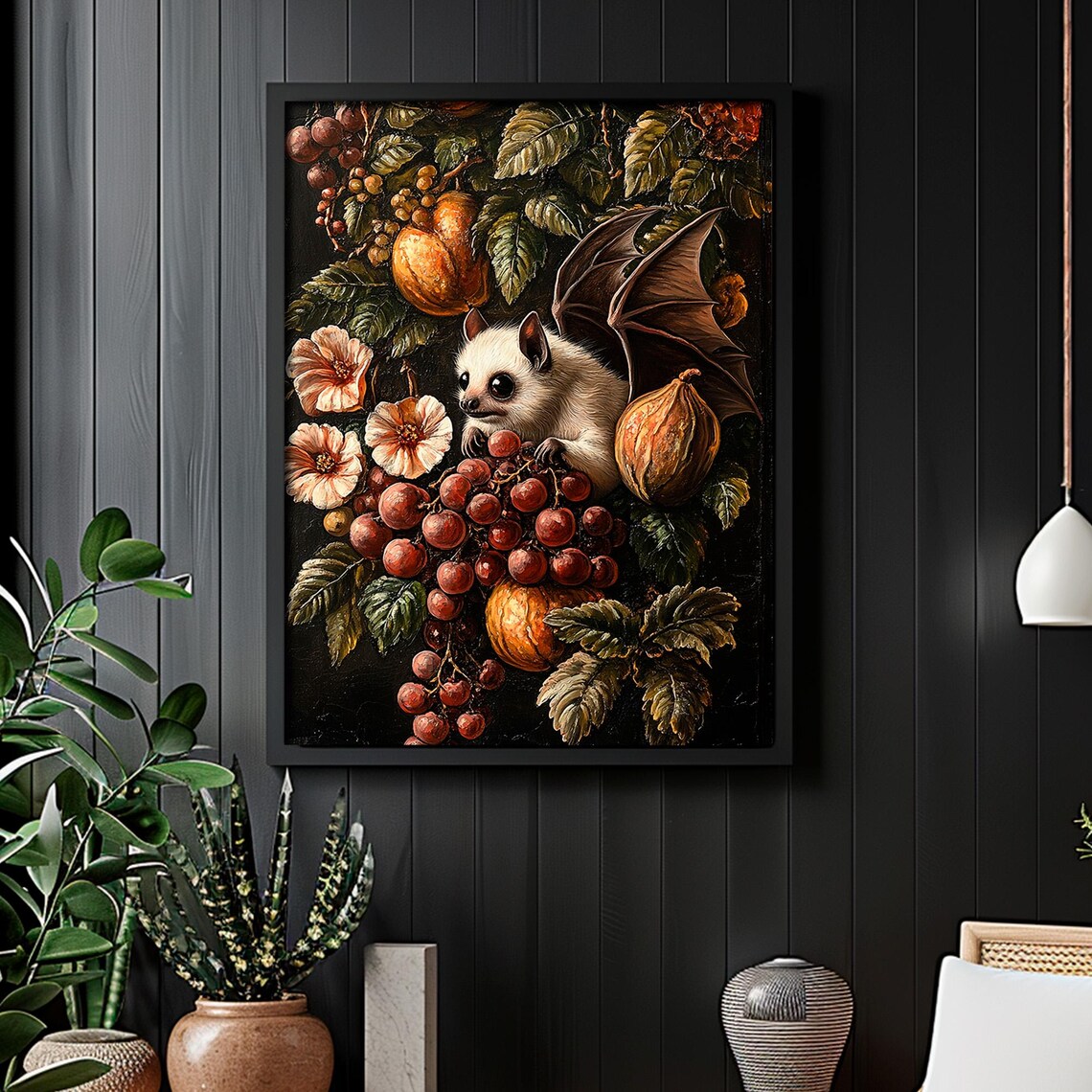 Albino Fruit Bat Gothic Botanical Dark Academia Oil Painting Poster - Image 3