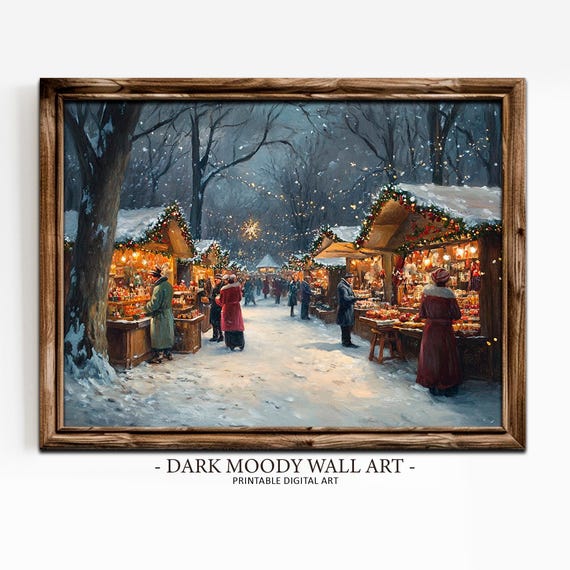 Victorian Christmas Market Print Vintage Town Scene Wall Art Village Street Moody Painting