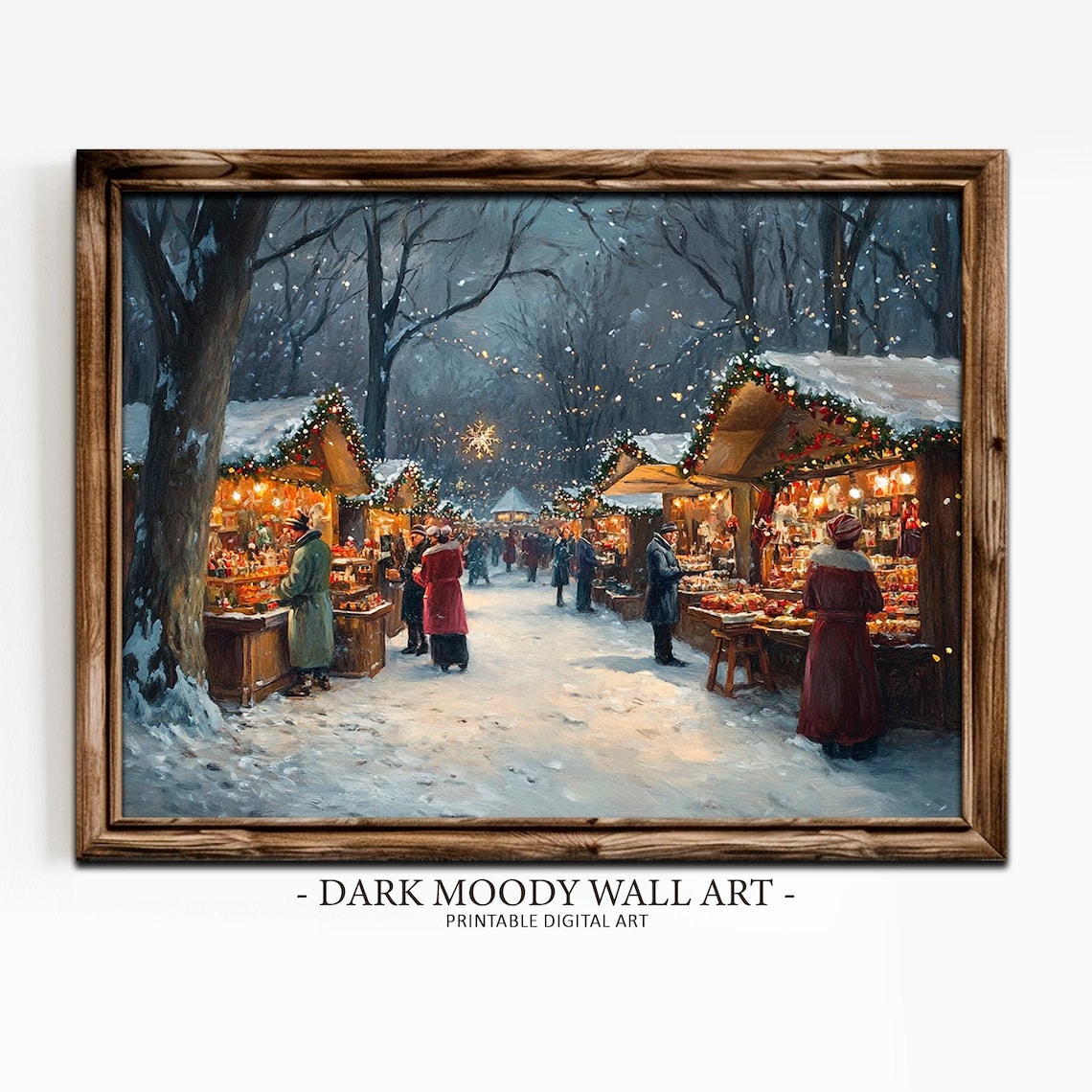 Snowy Park Christmas Market Stalls Evening Shoppers Painting Poster