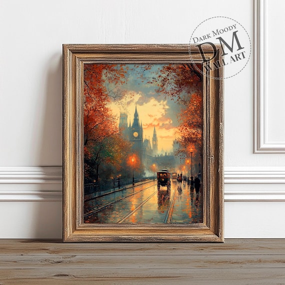 London Autumn Street Scene, Victorian Cityscape Art Print
