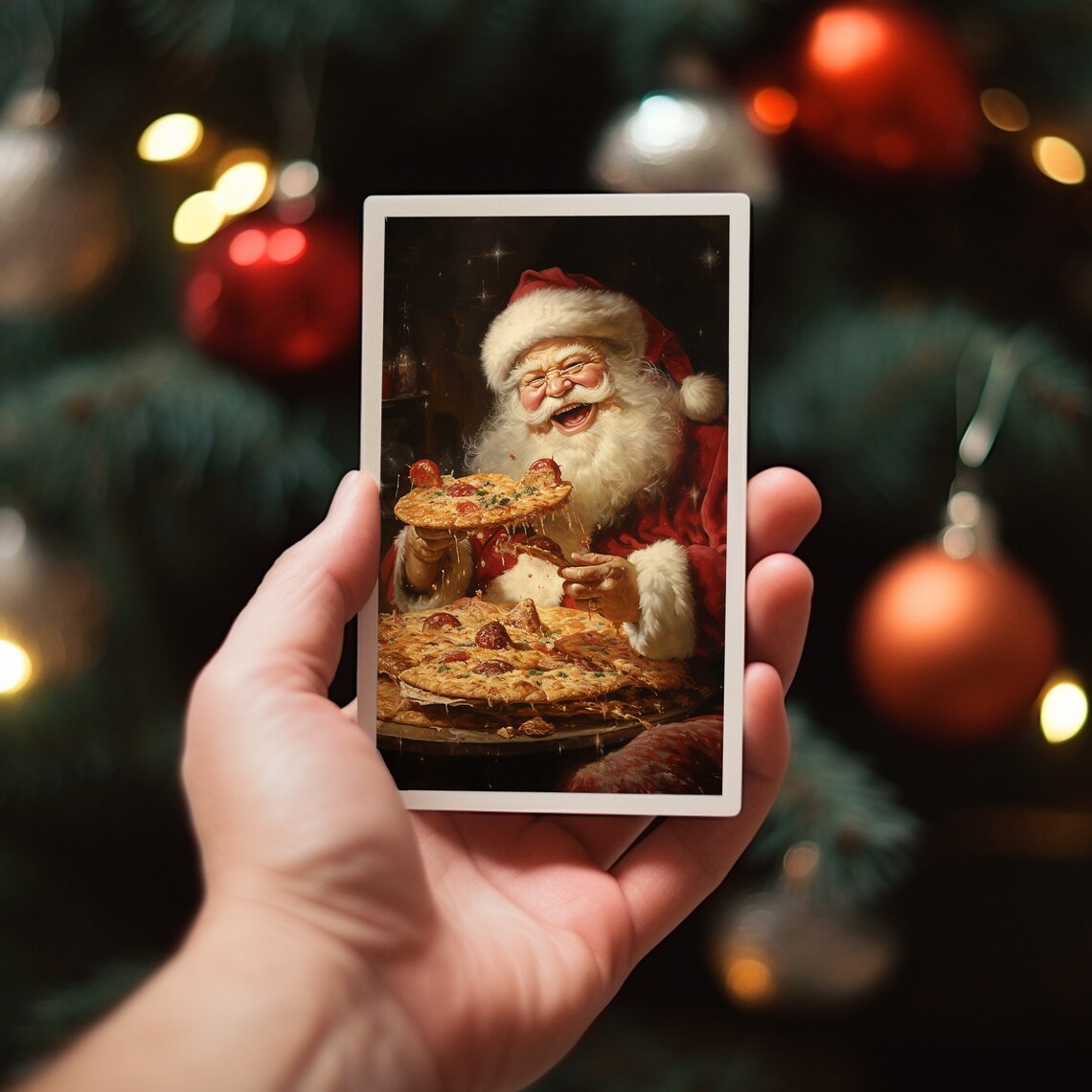 Funny Santa Claus Eating Pizza Painting Christmas Holiday Poster - Image 2