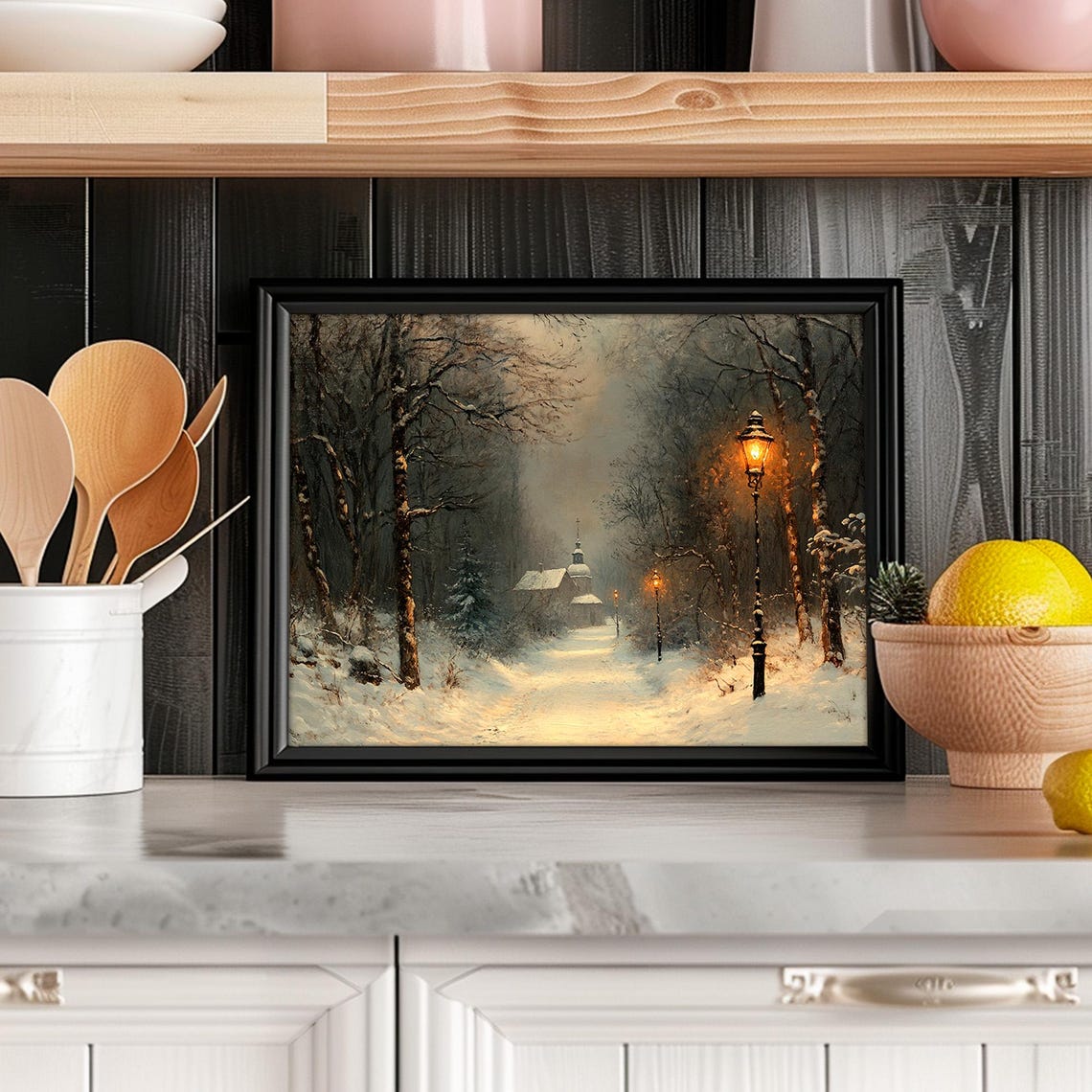 Snowy Lamplit Forest Path to Chapel Winter Night Painting Poster - Image 4