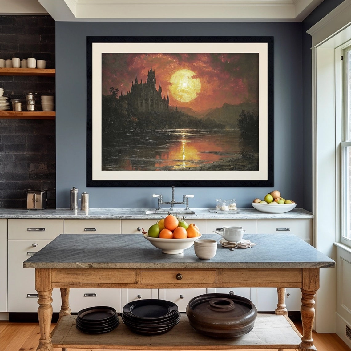 Medieval Castle Print Red Moon Painting Dark Moody Landscape Gothic Halloween Decor - Image 4