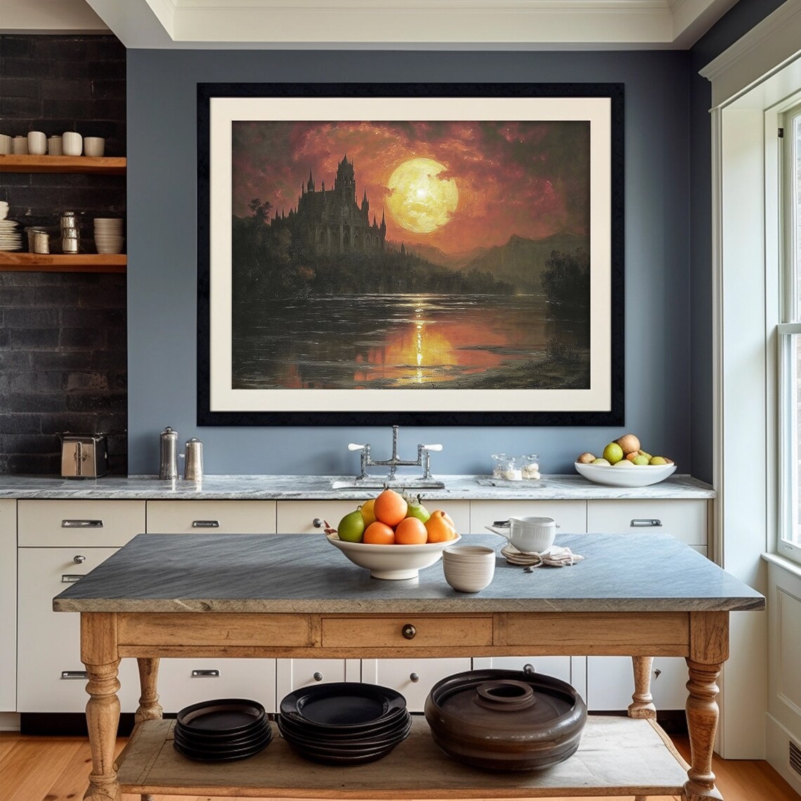 Medieval Castle Under Giant Blood Red Moon Over Lake Gothic Night Painting Poster - Image 4
