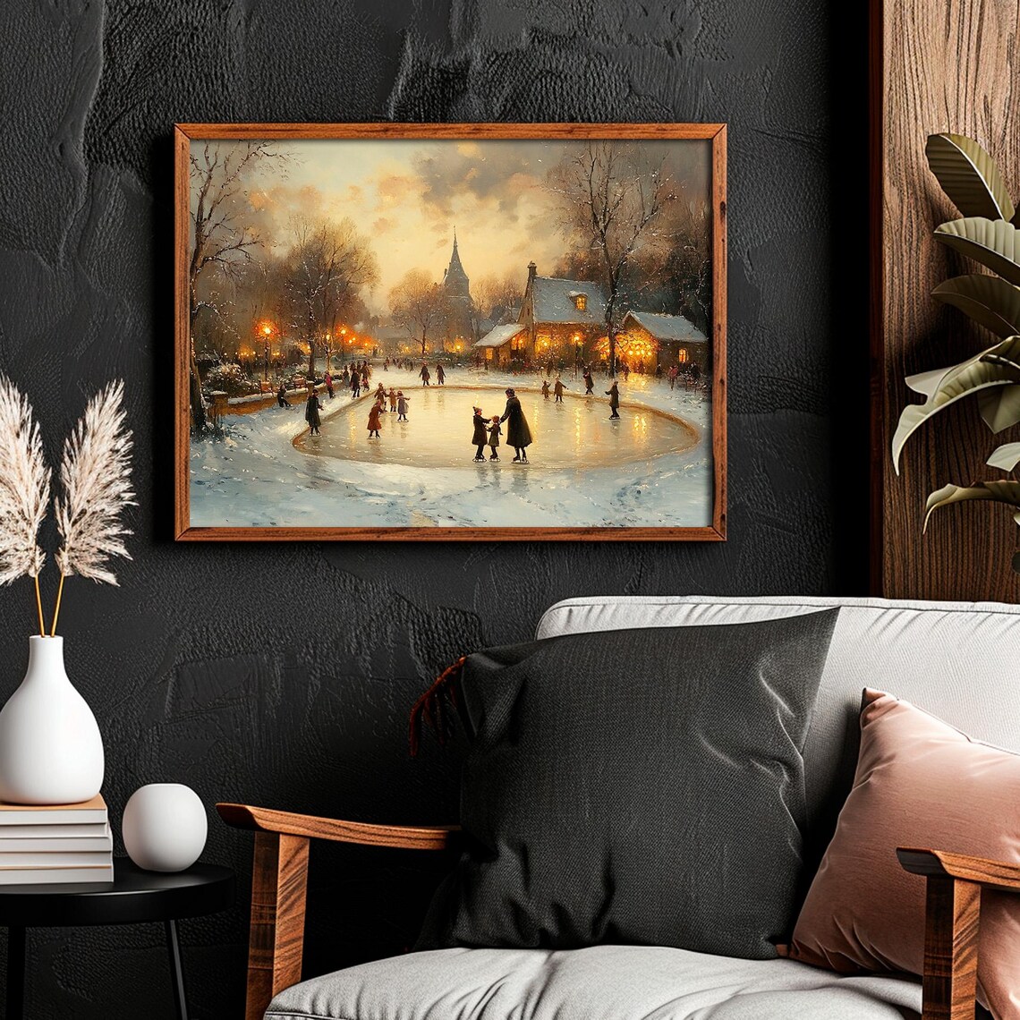 Dusk Skating Pond Town Families Church Spire Vintage Painting Poster - Image 5