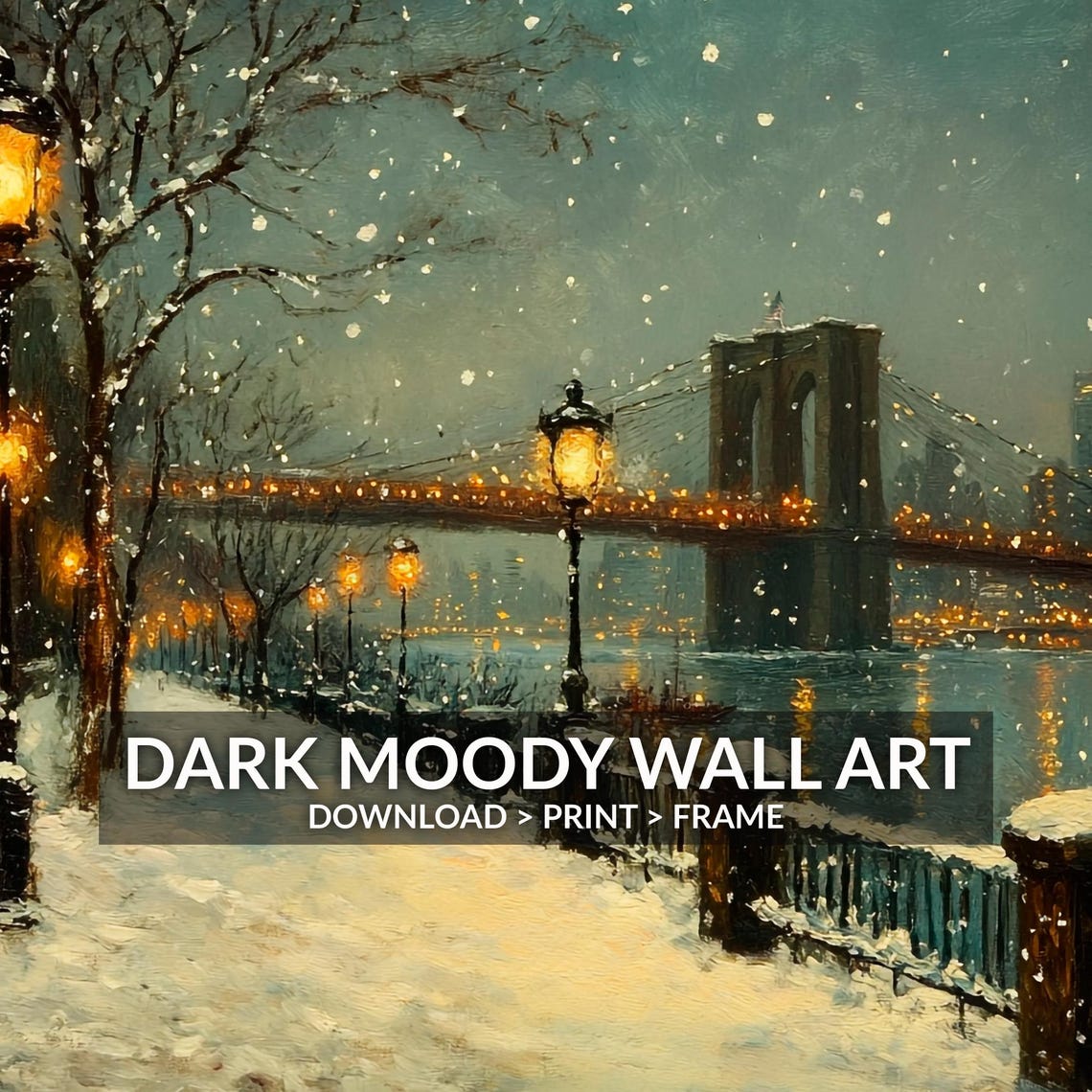 Brooklyn Bridge Snowy Waterfront Promenade Dusk Glow View Poster - Image 6