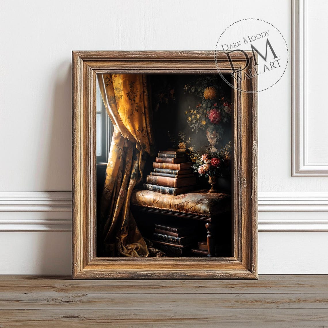 Stack Of Vintage Books By Window Dark Moody Library Wall Art