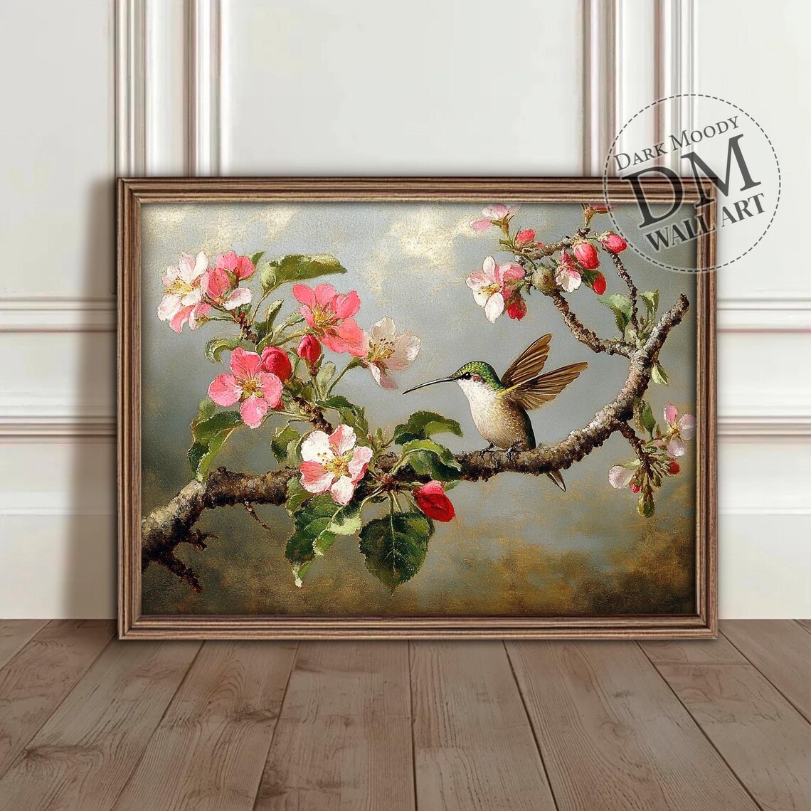 Hummingbird on Apple Blossom Branch Vintage Botanical Art Poster