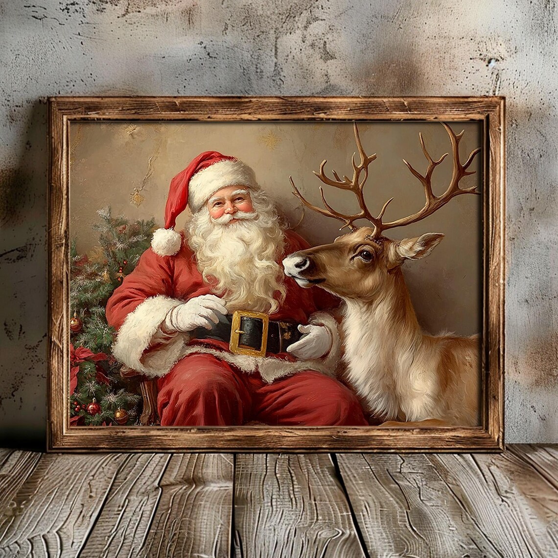 Santa Reindeer Christmas Art Print, Vintage Rustic Holiday - Image 5