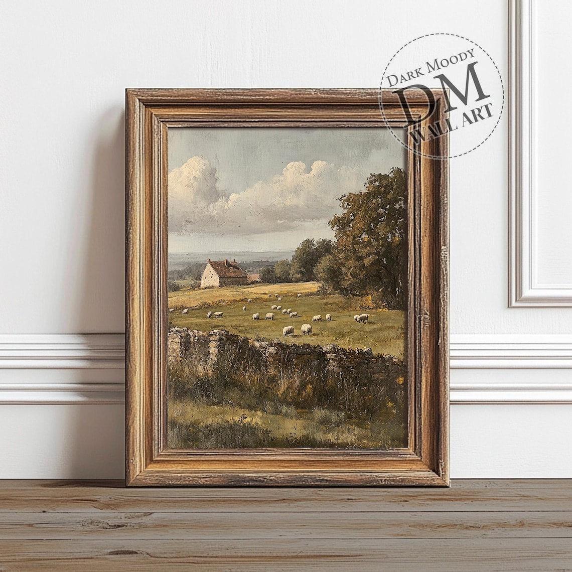 Sheep Grazing Pasture Farmhouse Stone Wall Countryside Poster