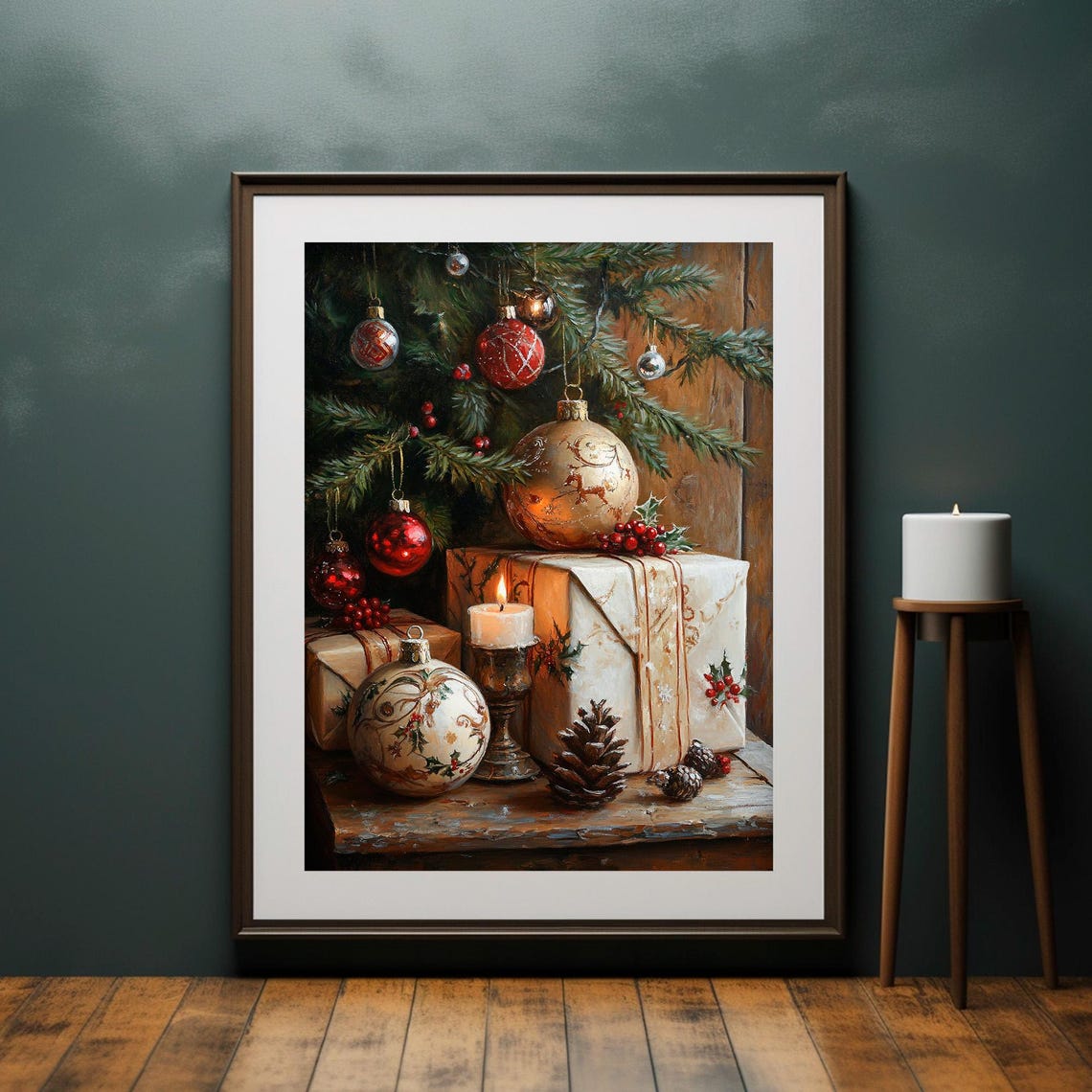 Christmas Ornaments Still Life Gifts Candle Pinecones Poster - Image 2