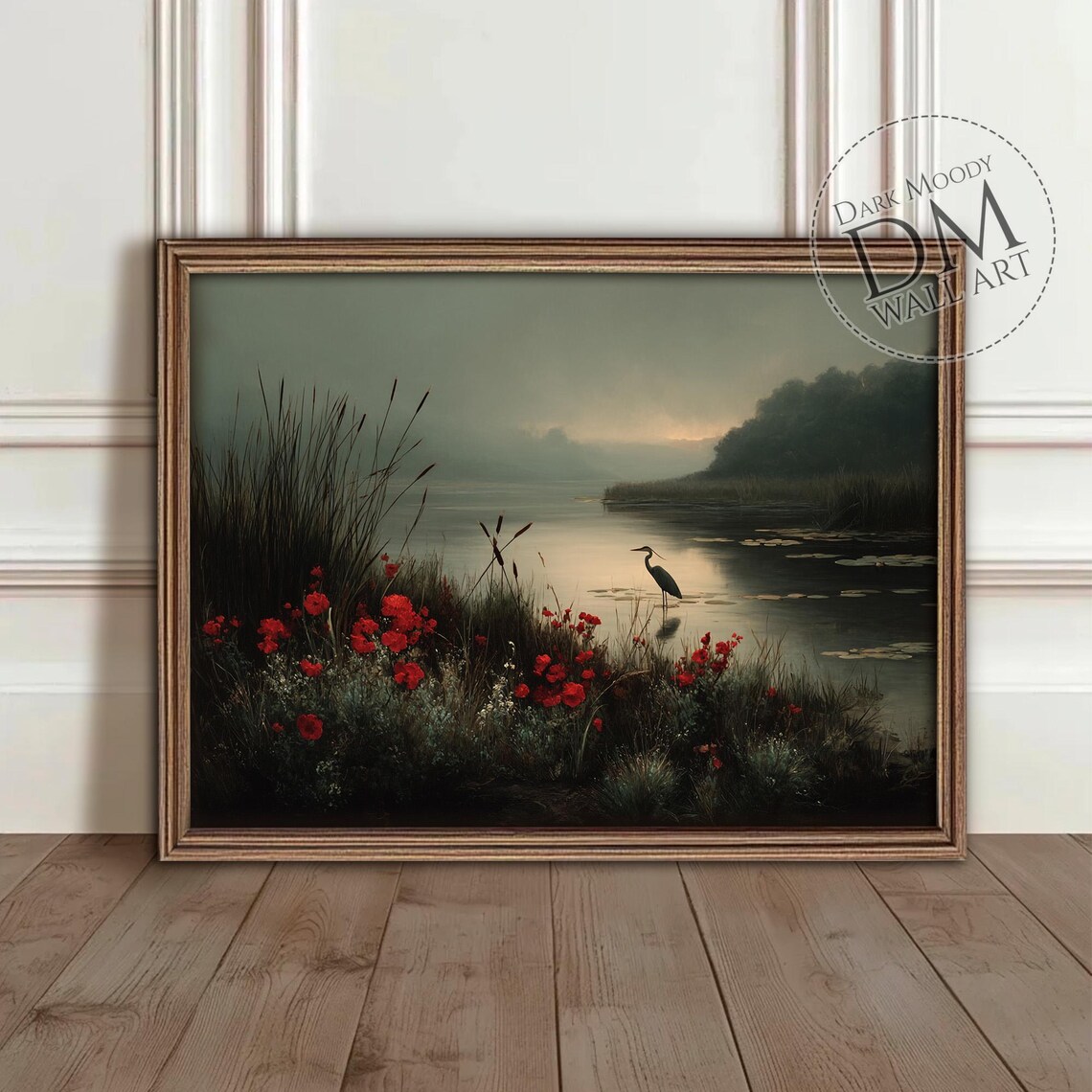 Moody Lake Heron Art Print, Dark Landscape