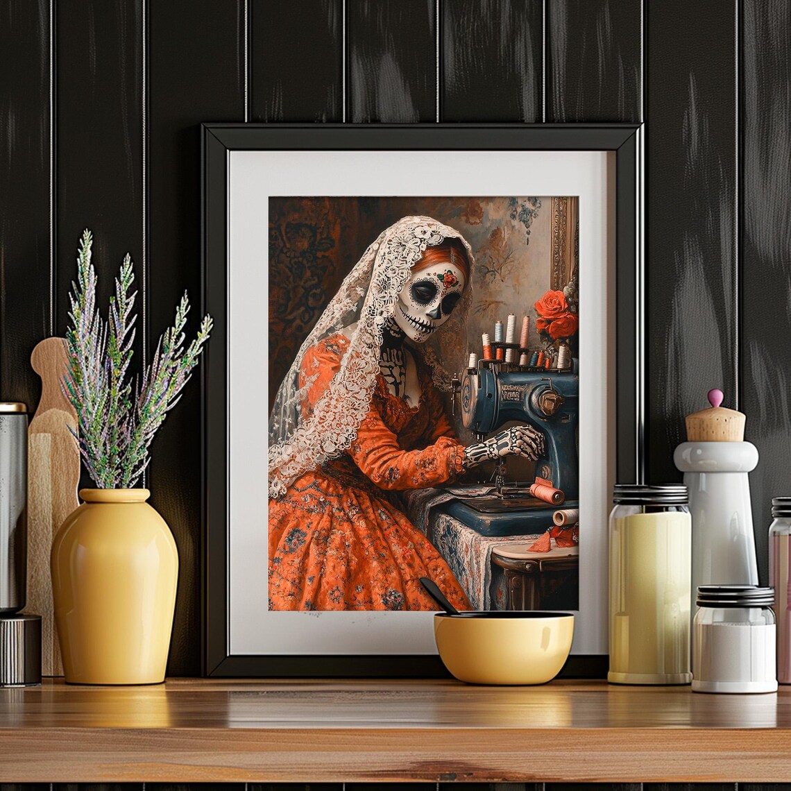 Day of the Dead Catrina Seamstress Sewing Machine Sugar Skull Portrait Poster - Image 6