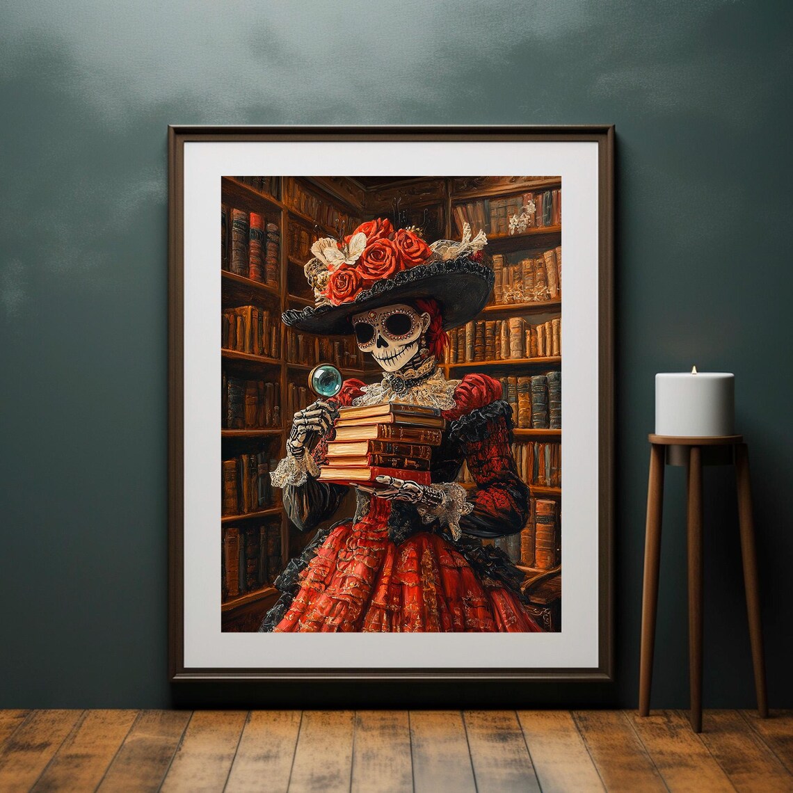Day of the Dead Catrina Librarian Books Library Sugar Skull Gothic Portrait Poster - Image 4