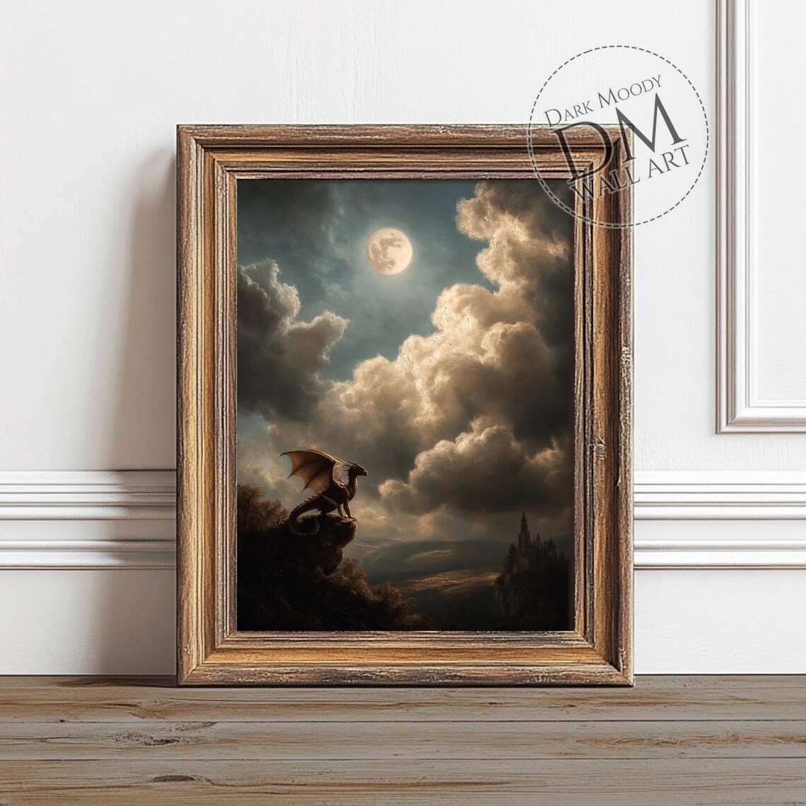 Dragon Wall Art, Gothic Fantasy Castle Moon Print