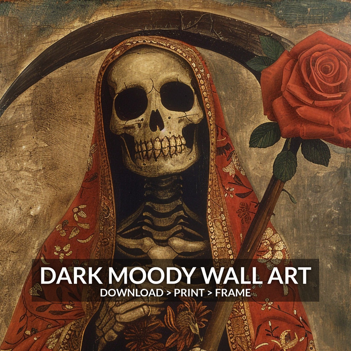 Santa Muerte Skeleton in an Embroidered Red Robe with Scythe Poster - Image 5