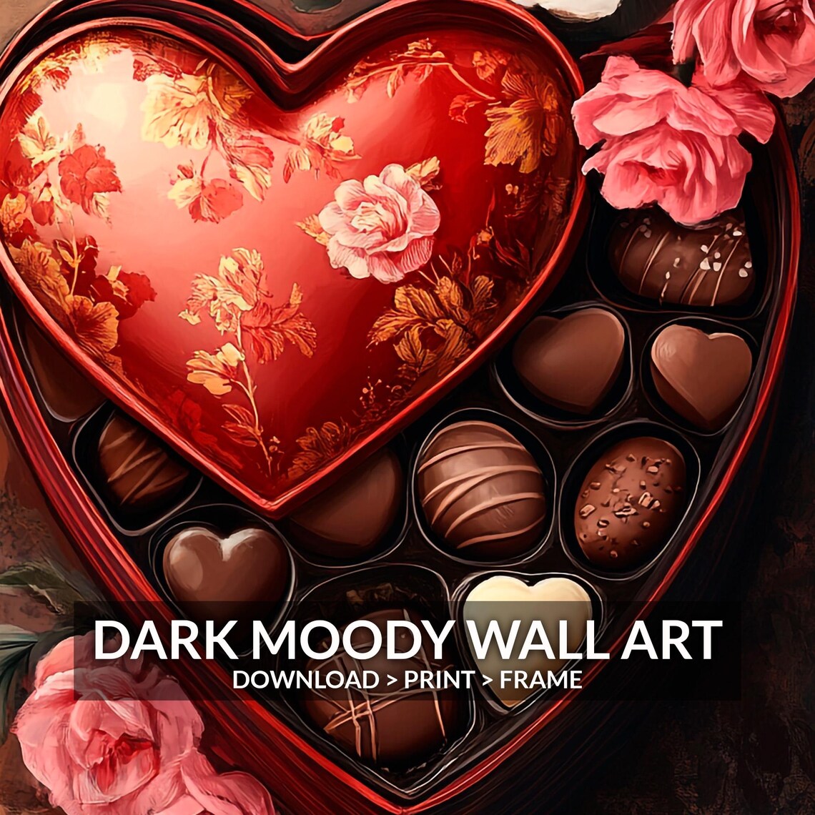 Red Heart Shaped Tin Of Chocolates Among Roses Valentines Day Wall Art - Image 6