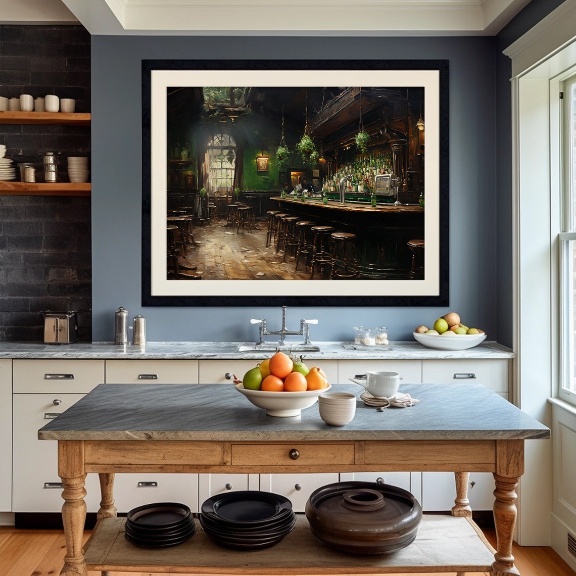 Dark Irish Pub Bar Interior Stools Hanging Plants Moody Poster - Image 5