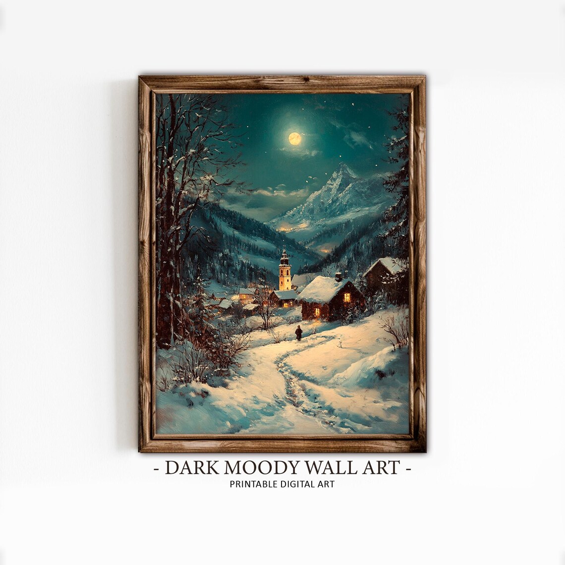 Moonlit Alpine Village With Church in Snowy Mountains Wall Art