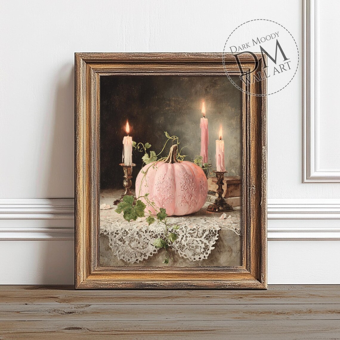 Pink Pumpkin Halloween Wall Art Gothic Candle Lace Print